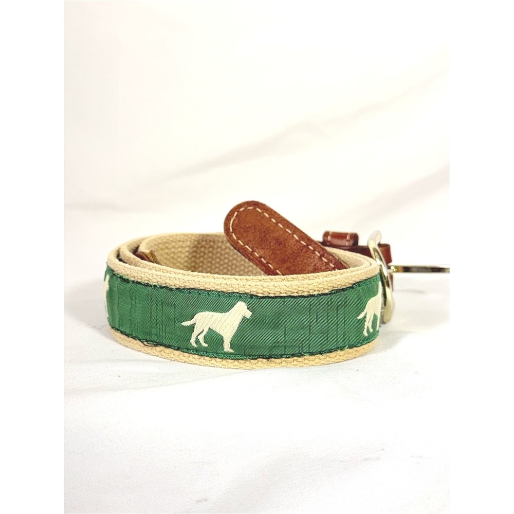 Belt Green with Labrador Motif Classic Canvas and Leather Brass Buckle size 32